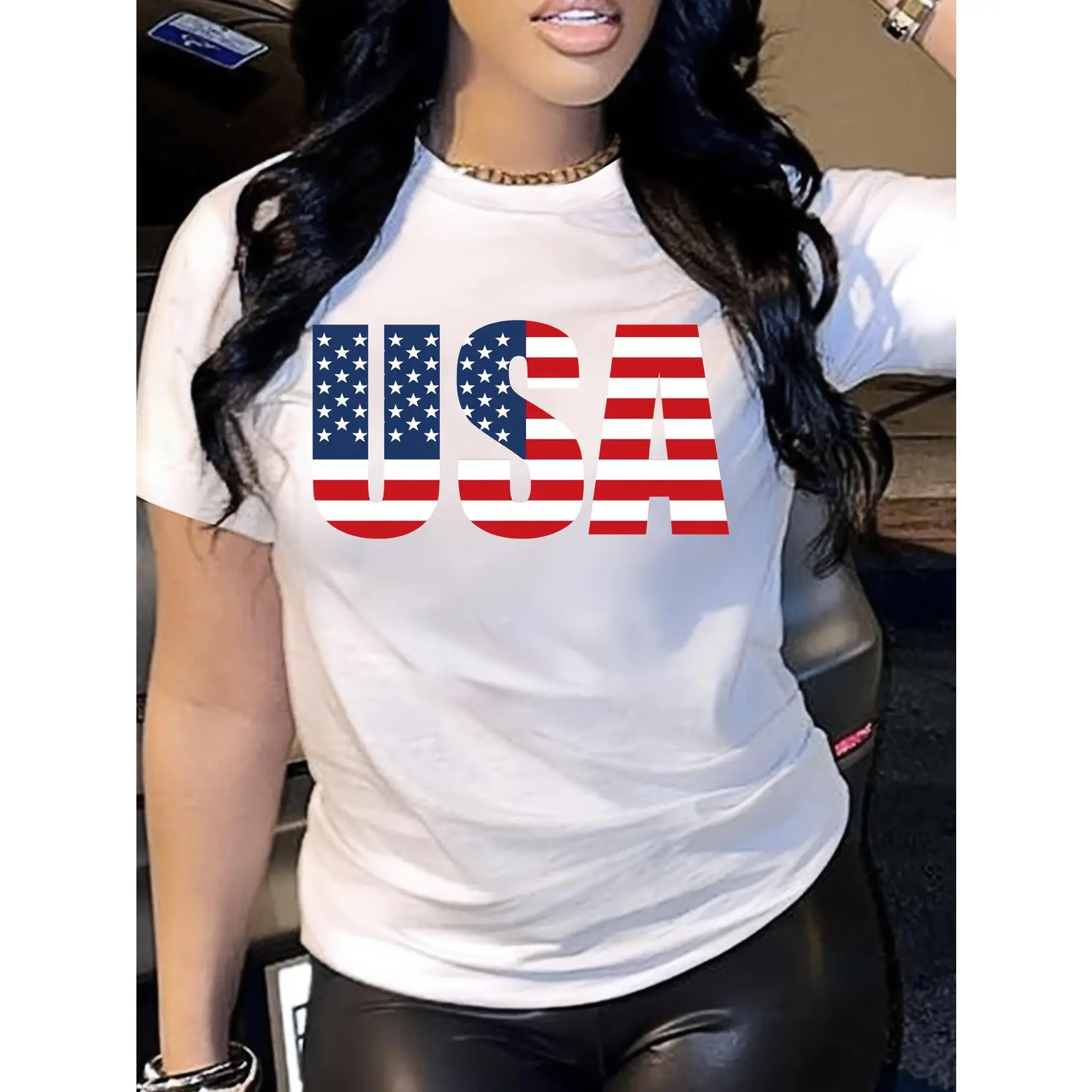 Women's casual t-shirt with US flag design - Short sleeve, crew neck, machine washable, ideal for spring/summer, American graphic tee for everyday wear