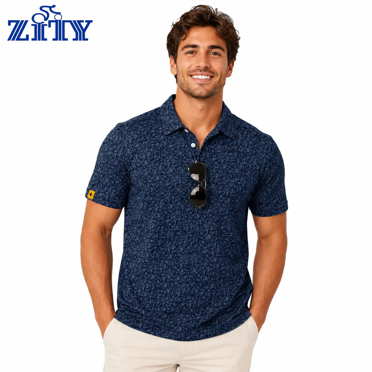 ZITY Men's Fitted Printed Polo Shirt, Breathable Short Sleeve Golf Top with Stretch, Lightweight Casual Mens Clothing, Gifts for Boyfriend,travel essentials,camping essentials
