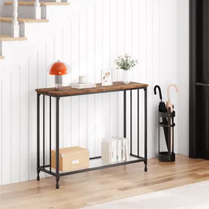 Slim Glass Console Table for Living Room, 2 Tier Narrow Entryway Sofa Table with Sturdy Metal Frame, Modern Space Saving Accent Furniture, Retro Color or Gold
