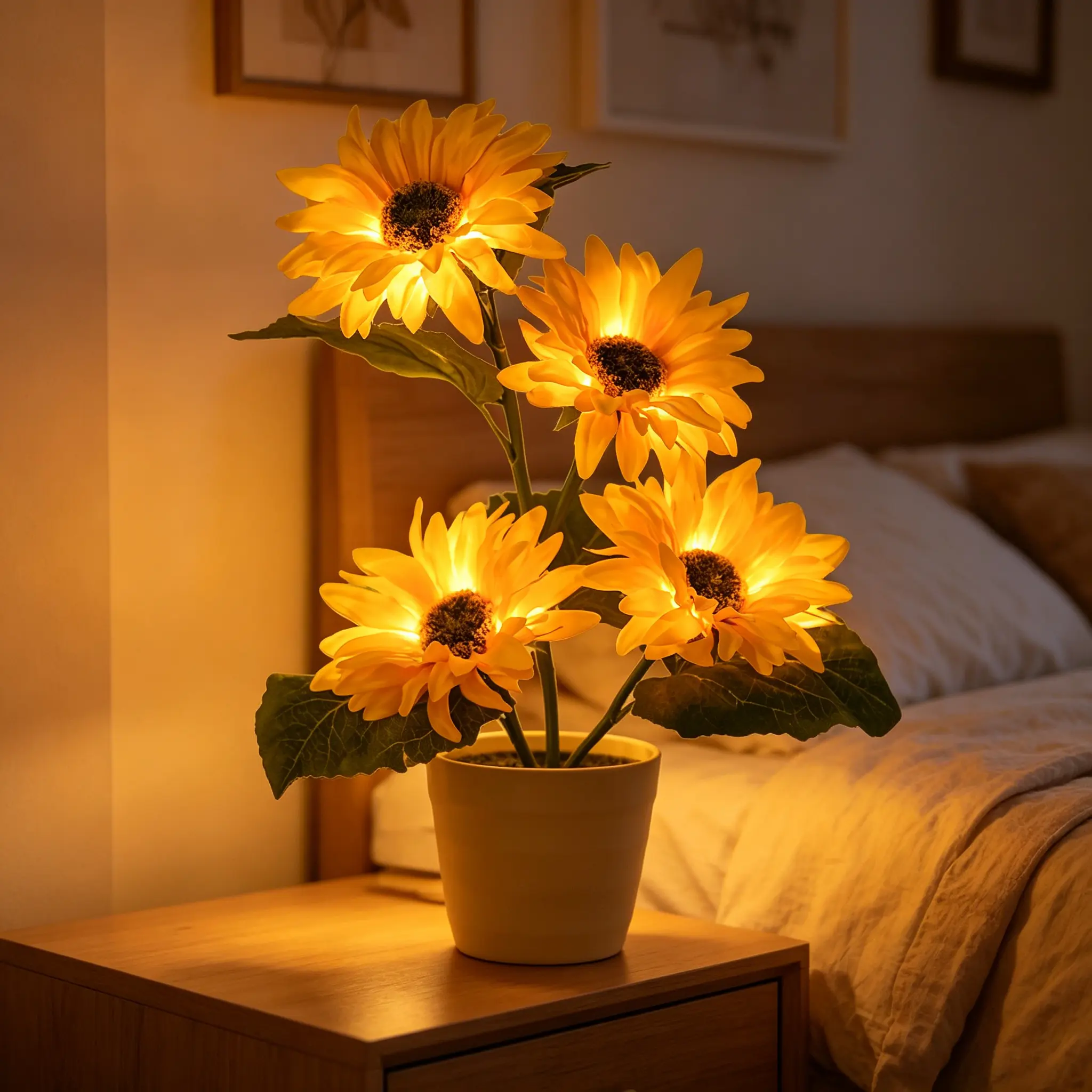 Sunflower Lamp - Modern Chic Shabby Indoor Home Decor, Silk Cloth Nightstand Light, Battery-Powered Bonfire-Inspired Romance Light, Ideal Valentine’s Day Gift for Mom, Shabby Chic