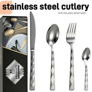 Stainless Steel Cutlery Set, Rhombus Texture, Mirror Polished Forks Knives Spoons, Ideal for Daily Use and Gifting, 4/16/24 Pieces
