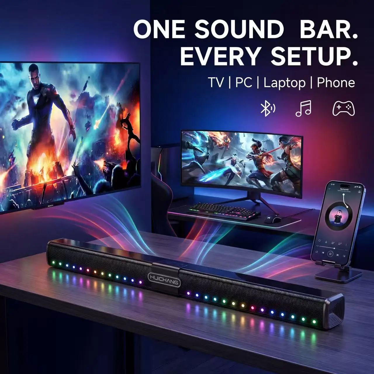HUICHANG 10-Speaker RGB Soundbar Subwoofer - Wireless Bluetooth 5.3, 34.6” Slim Piano Black Sound System, 9D Deep Bass, TWS Stereo, AUX/USB/Coaxial Inputs, Ideal for Home Theater, Mobile Devices, TV, Black Friday Gifts, Portable Outdoor Speakers, Stereo P
