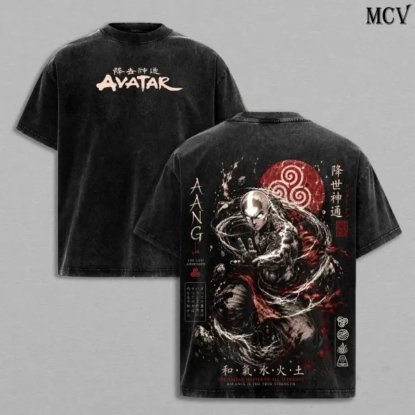 Aang Avatar The Last Airbender Shirt, Aang Vintage Washed T-Shirt, The Last Air Nomad, Japanese Irezumi Gothic Blackwork Tattoo Art, Avatar State Anime Double Printed Washed Tee Unisex Oversized Anime Manga