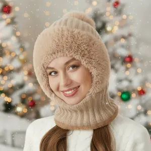 TIVIRA Cozy Solid Color Pom-Pom Beanie for Women Windproof Ski Mask Winter Scarf Hat Outdoor Sports Protection Balaclava