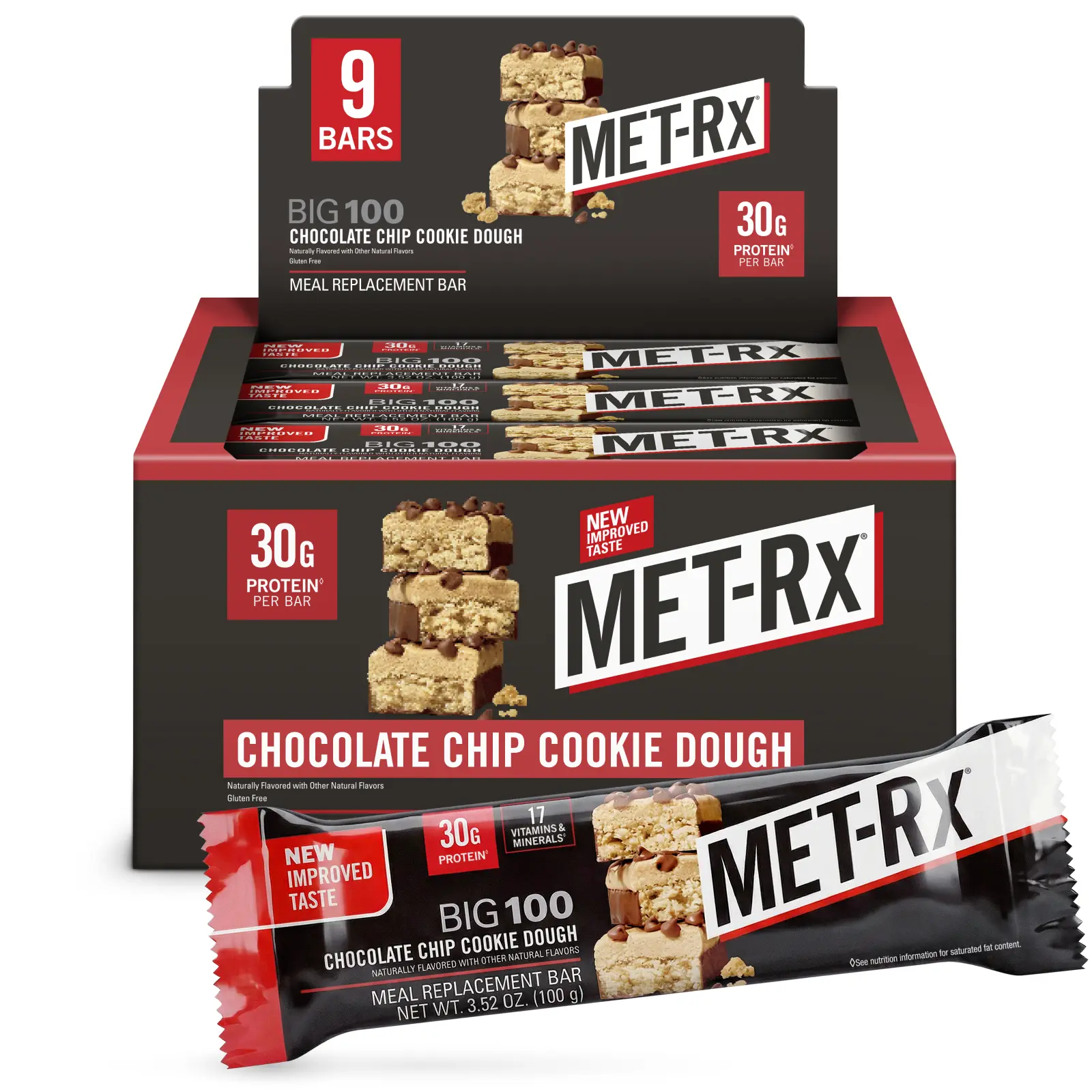 MET-Rx Big 100 Chocolate Chip Cookie Dough Protein Bars | 30g Protein | 9 Bars | Meal Replacement | METAMYOSYN Blend MET-Rx Big 100 Chocolate Chip Cookie Dough Protein Bars | 30g Protein | 9 Bars | Meal Replacement | METAMYOSYN Blend