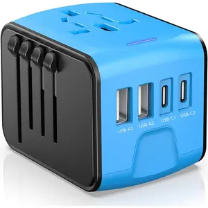 Universal Travel Adapter with 4 USB C/A Ports and AC Outlets, -in- International Power Plug Adapter for  USB Devices, Worldwide Travel Charger for   UK AU 200+ Countries(Blue)