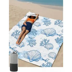 Coastal Seashell Print Microfiber Beach Towel - Quick-Dry, Absorbent Towel with Storage Bag, Ideal for Beach Trips, Poolside Use
