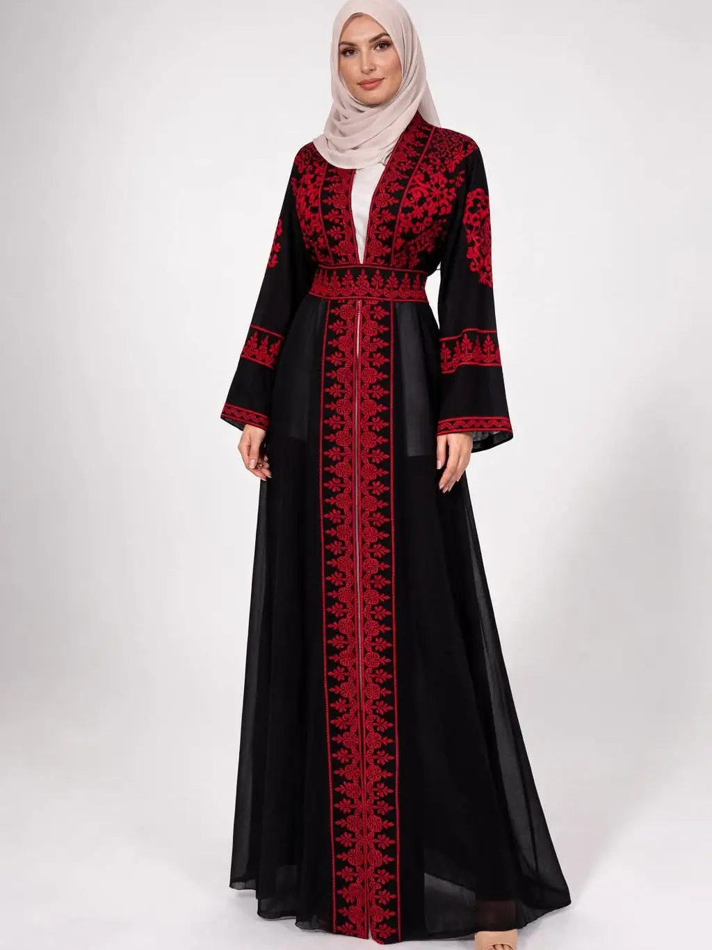 Women's Chiffon Bisht Dress with Embroidery, Modest Long Sleeve Islamic Maxi Gown, Formal Wear - Red, Navy, Black