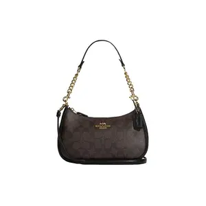 Coach Teri 25 Classic Monogram Zipper Top Leather and Synthetic Crossbody Shoulder Bag for Women in Brown-Black
