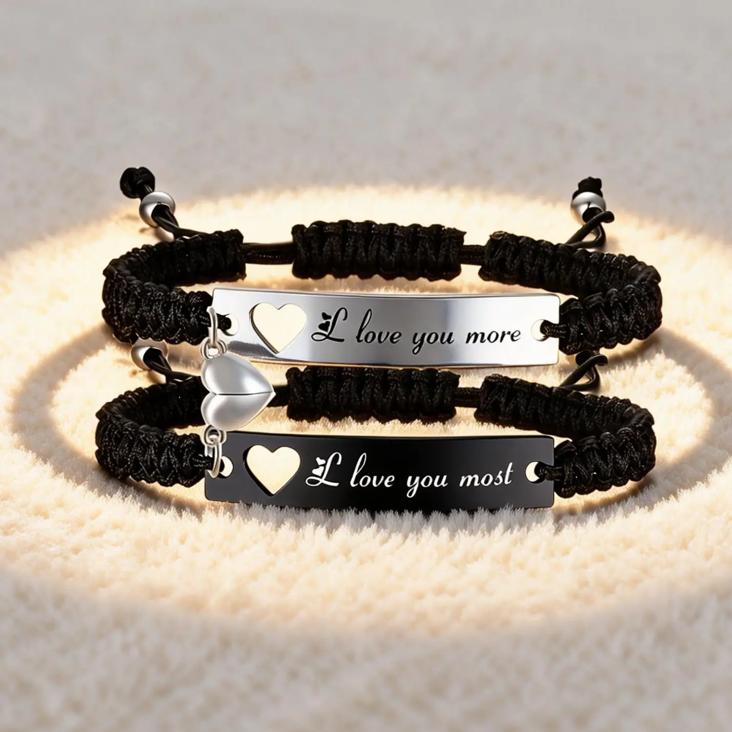 Couples Bracelet Set, 2pcs Adjustable Braided Heart Personalized Word Bracelets with Engraved "I love you more" & "I love you most" for Him & Her, Romantic Gift Jewelry for Anniversaries, Valentines