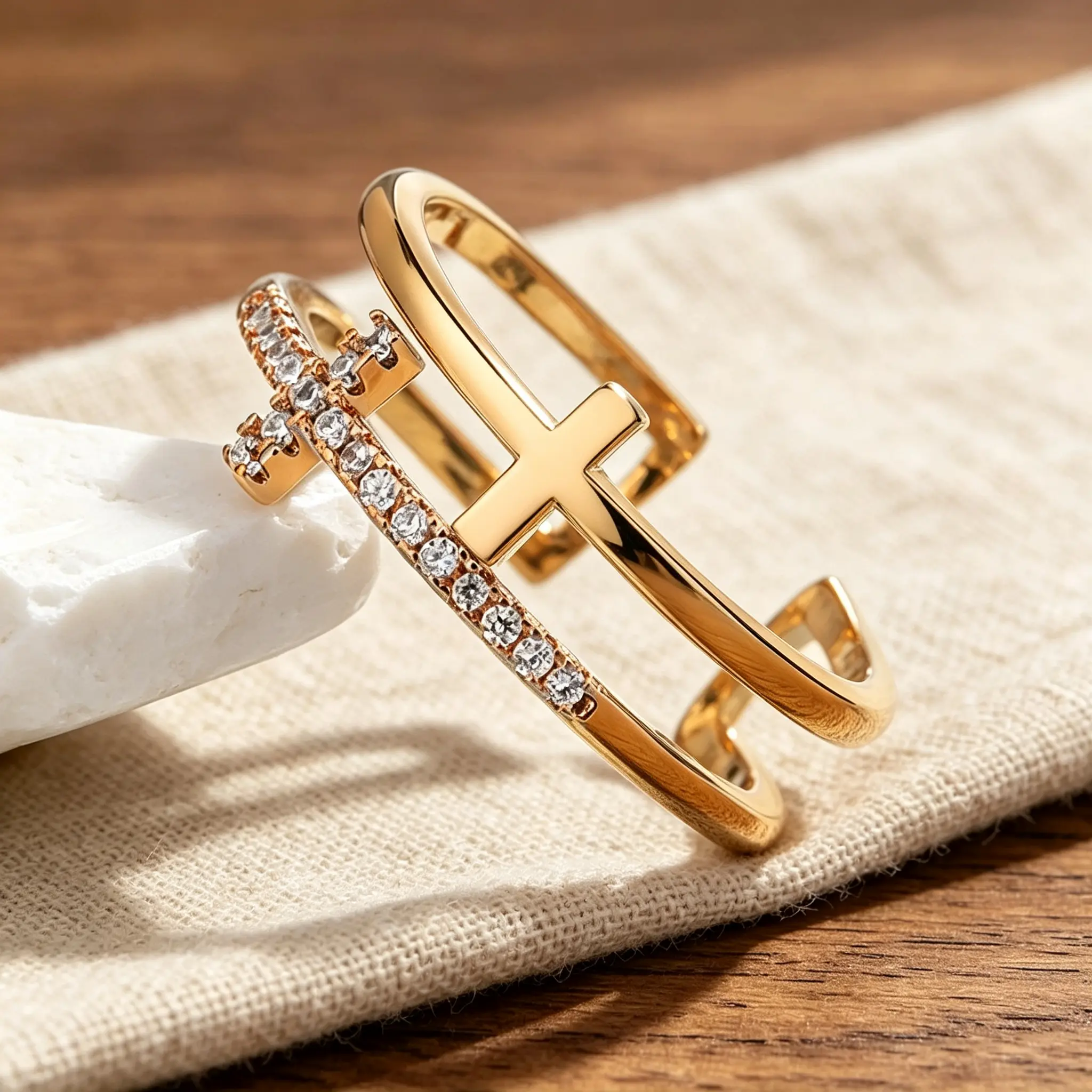 Women's 18K Gold Plated Dainty Double Layer Cross Open Ring - Adjustable Stackable Band with Sparkling Paved CZ Cubic Zirconia, Minimalist Christian Jewelry, Ideal Gift for Birthday Anniversary Everyday Wear