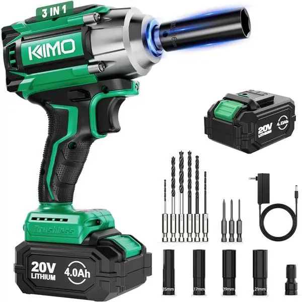 Impact Wrench 1/2 Cordless, 550N.m (410ft-lbs), 4000RPM/3500IPM, 9-Piece Drill & Driver Set, 4 Sockets1/2 Impact Gun for Car Tires, Safety Lock, Variable Modes, 4000mAh Battery 20V Impact Driver