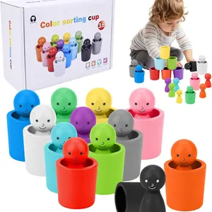 Montessori Color Sorting Cups, Wooden Nail Dolls, Toddler Color Classification Toy, Wood Cup and Nail Doll Matching Game, Sensory Play