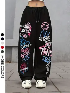 Women's Casual Sporty Long Pants, Graffiti Letter Expression Graphic Butterfly Print, Drawstring Loose Wide Leg, All Seasons Fashion, Bottoms