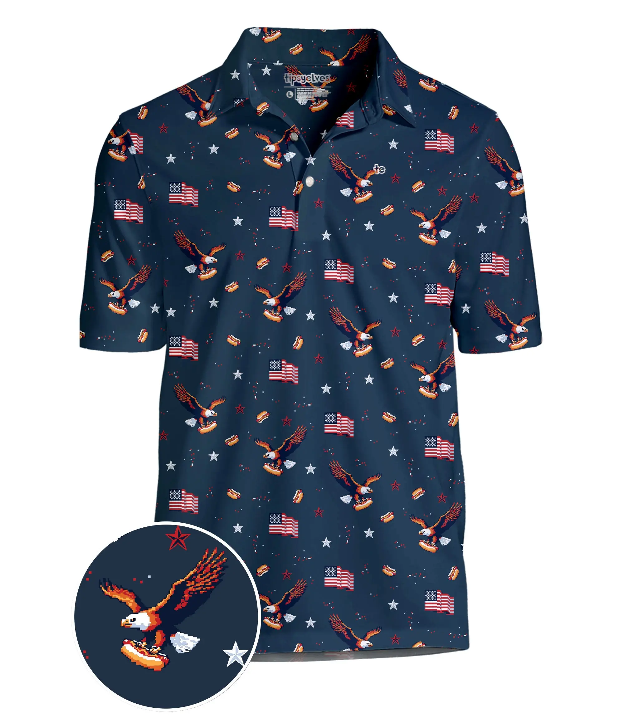 Men's Sports-Themed Golf Polo with Retro 8-Bit Eagle Print - Moisture-Wicking Fabric with 4-Way Stretch, Sports-Themed Men's Sports Polo, Dry Men's Sports Polo