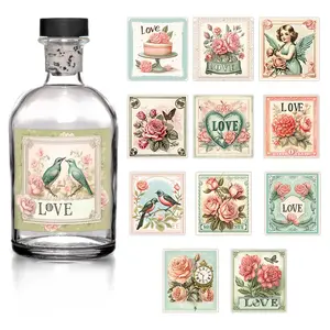 Vintage Floral Wine Bottle Labels Stickers, Spring Flowers and Heart Design, Perfect for Weddings, Gifts, Valentine's Day, Anniversaries, Birthdays, Party Decor