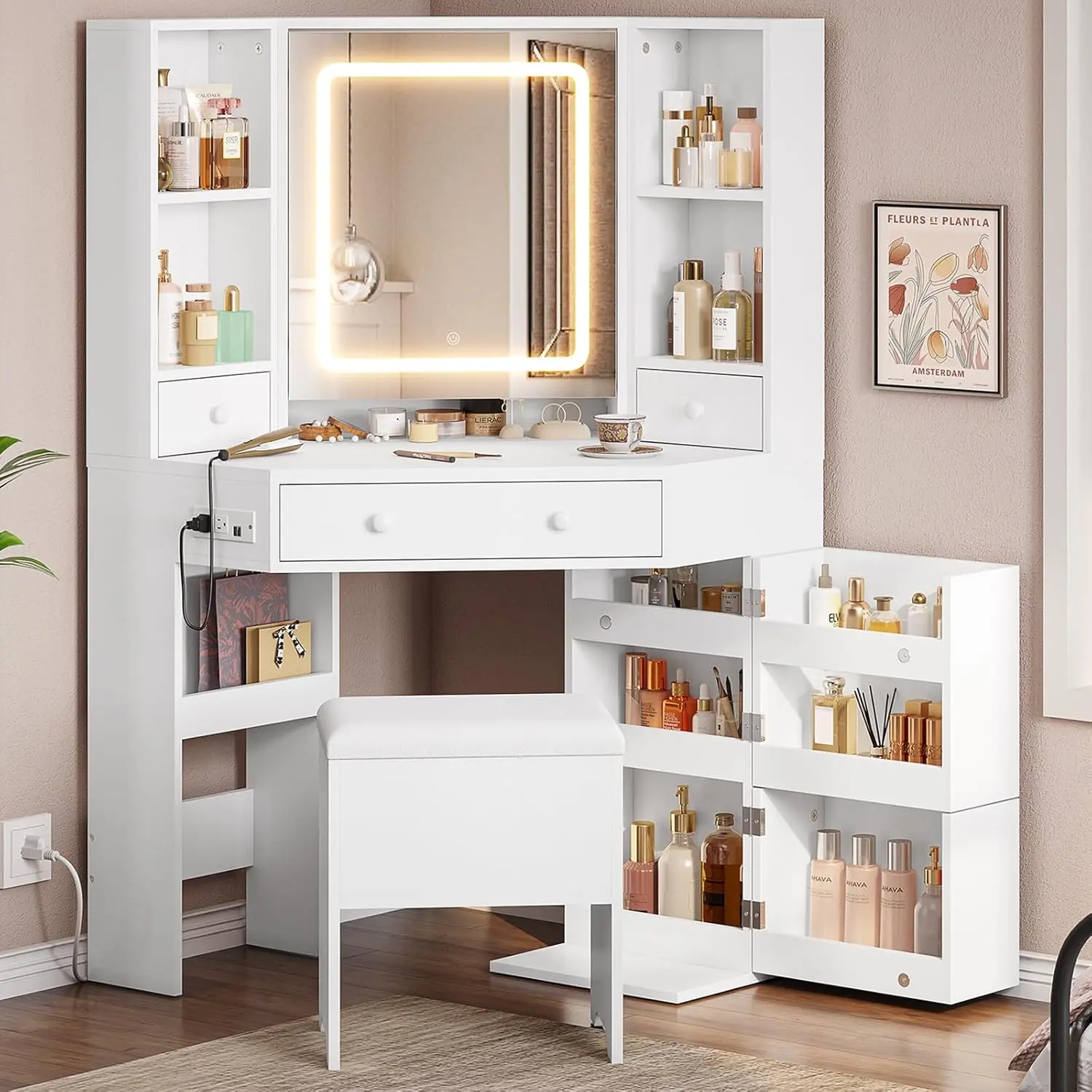 [SummerSale] Sikaic Corner Vanity Desk with Lights and Charging Station, Makeup Vanity Set with LED Mirror, Storage Stool, Drawers & Rotating Shelves, Modern Corner Makeup Table for Bedroom, Home Furniture, Dorm Essentials