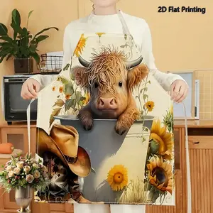1PC 2D Flat Printed Highland Cow Sunflower Boots Western Style Apron For Home Cooking, Kitchen Wear, And Cooking Enthusiasts, Kitchen Cooking Aprons