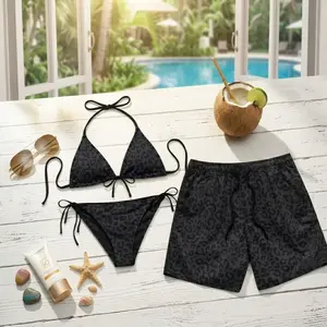 Black Leopard Print Matching Couple Swimwear Set 2026, Wild Animal Pattern Bikini & Men’s Beach Shorts, Hot Summer Vacation Outfit