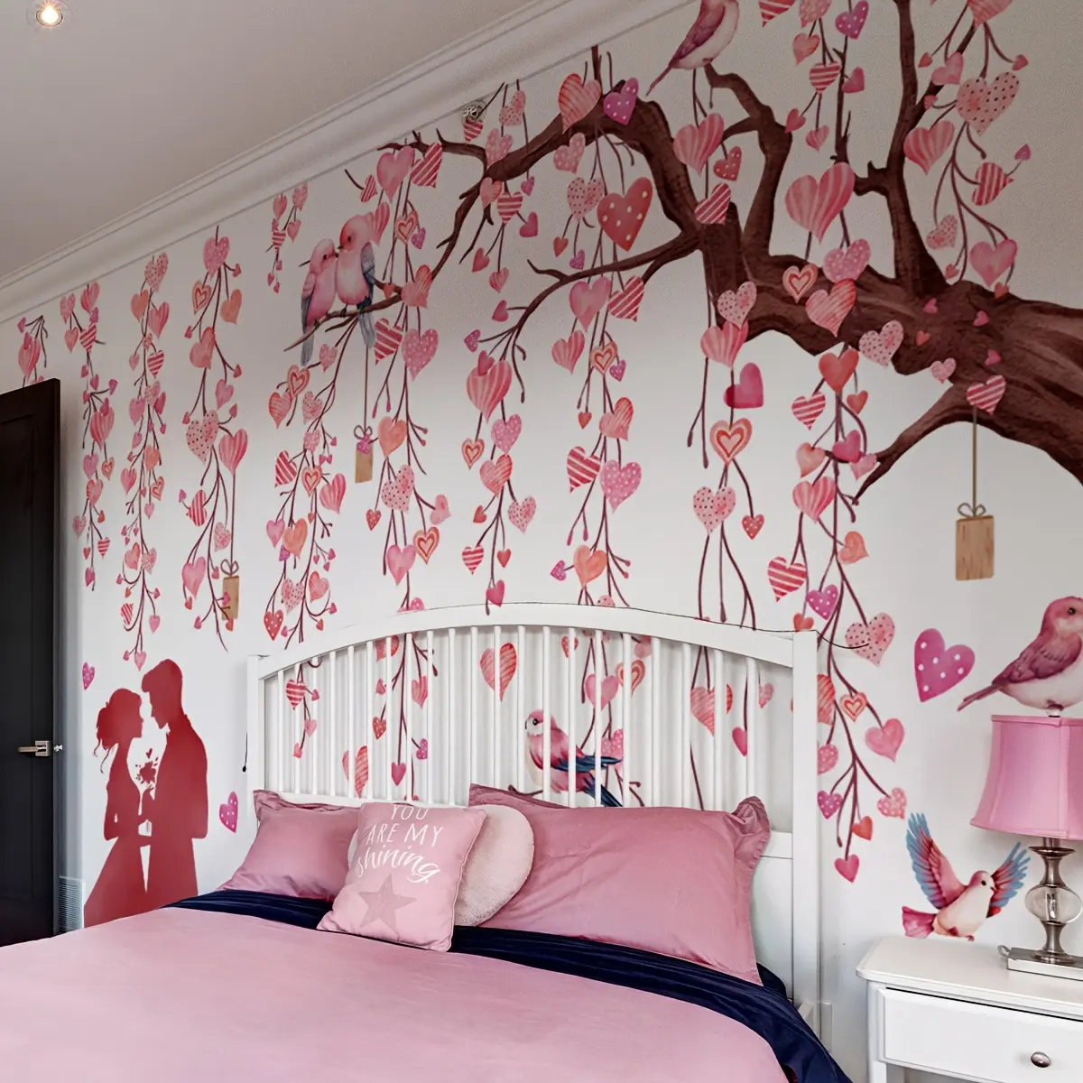 A set of four pink love heart vine couple tree Valentine's Day wall stickers, Wall Decal, suitable for bedroom and living room background walls, home decoration stickers, Decorative Stickers, self-adhesive, Cute Wall Decor, MS7250-YC