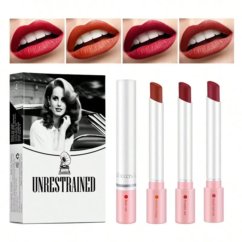 4 pcs/set Cigarette Lipstick Set Individual Lipsticks Long Lasting Lip Glaze Matte Lip Gloss Waterproof Lip Stick Tube Nude Lip Tint Makeup Cosmetics Glossy