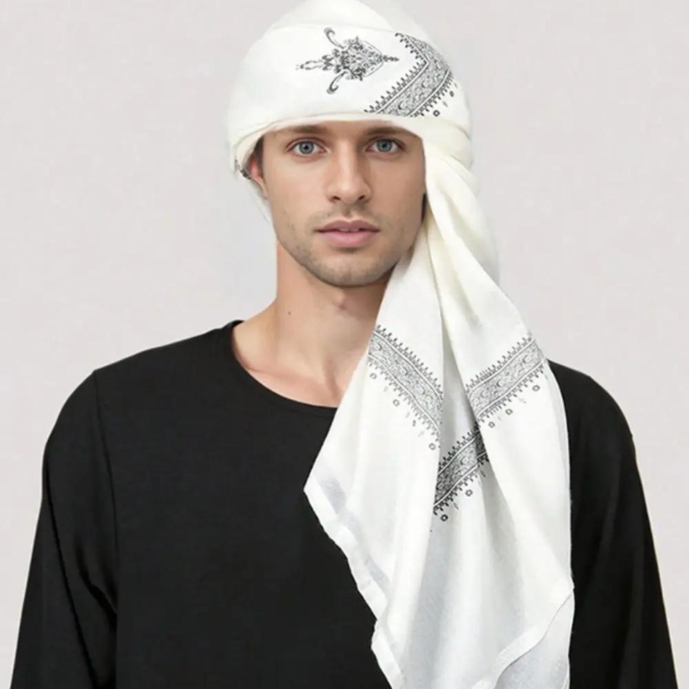 1pc White Muslim Shemagh Scarf with Black & Gray Design - Traditional Islamic Ramadan Headscarf, Windproof Neck Wrap for Men, Polyester Woven Fabric,