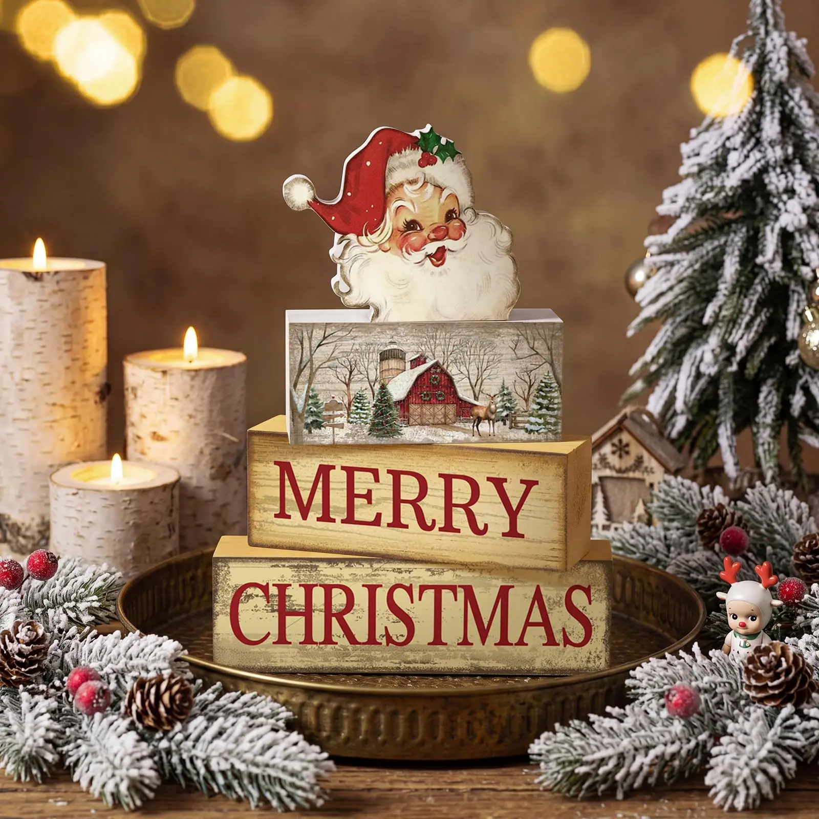 Set of 4 vintage Christmas dining table decorations: wooden Santa Claus ornaments, “Merry Christmas” tiered tray decor, Santa Claus blocks/markers, farmhouse-style gifts; ideal for the dining table, home, and kitchen centerpieces.