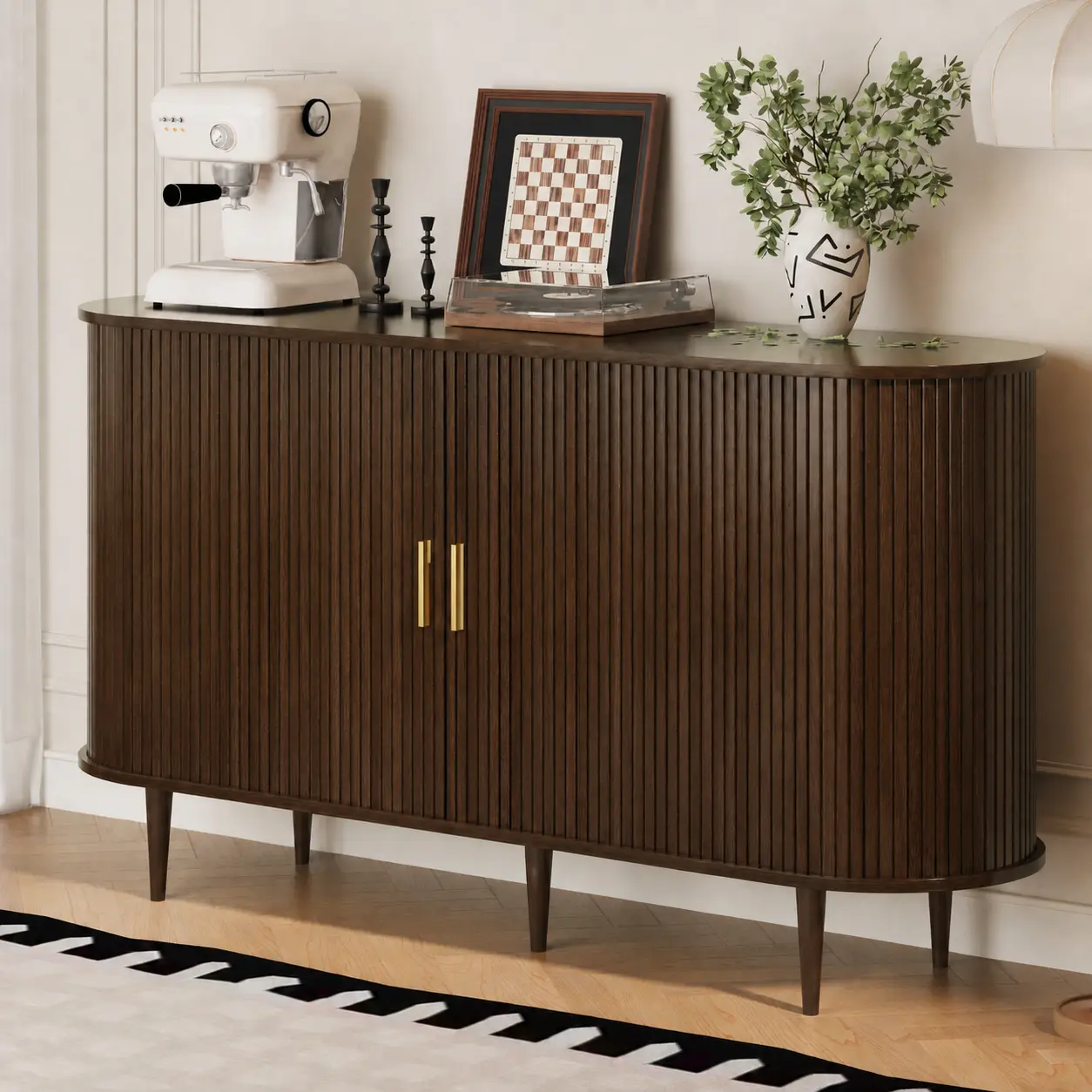 【Sideboard Cabinet】Wood Mid-Century Furniture with Curved Edge, Fluted Panel, Tambour Sliding Doors, Adjustable Shelves, 40/47/55/70 in Buffet Credenza for Dining Room, Coffee Bar Station, Modern