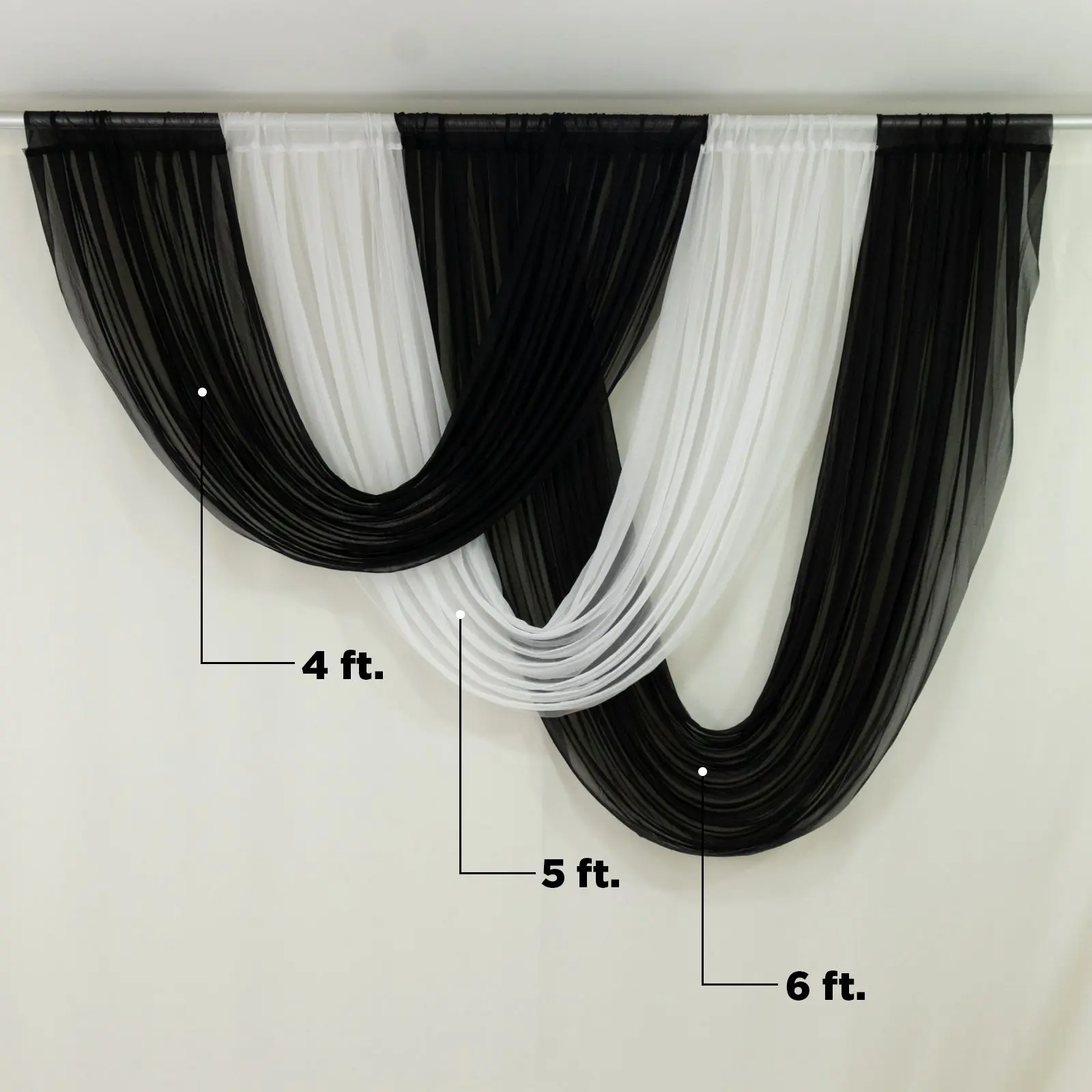 Black Sheer Chiffon Valance Drape - 4 ft. x 4 ft. Curved Swag Topper Single Panel, Sheer Wall Hanging Decorative Fabric Backdrop for Wedding, Birthday, Graduation Events, Ceiling Backdrop Drapes