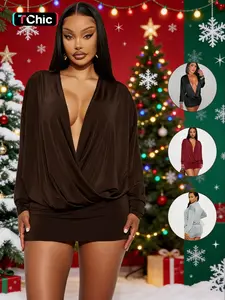 Women's Street Style Y2K Deep V Batwing Sleeve Dress, Long Sleeve Spring & Fall Fashion, Trendy Ladies for Casual Wear, Casual Comfy Chic