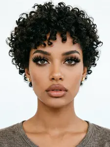 pixie cut wig human hair wig pixie wig natural black color short  kinky curly human hair wig machine made pixie cut human hair wigs for women