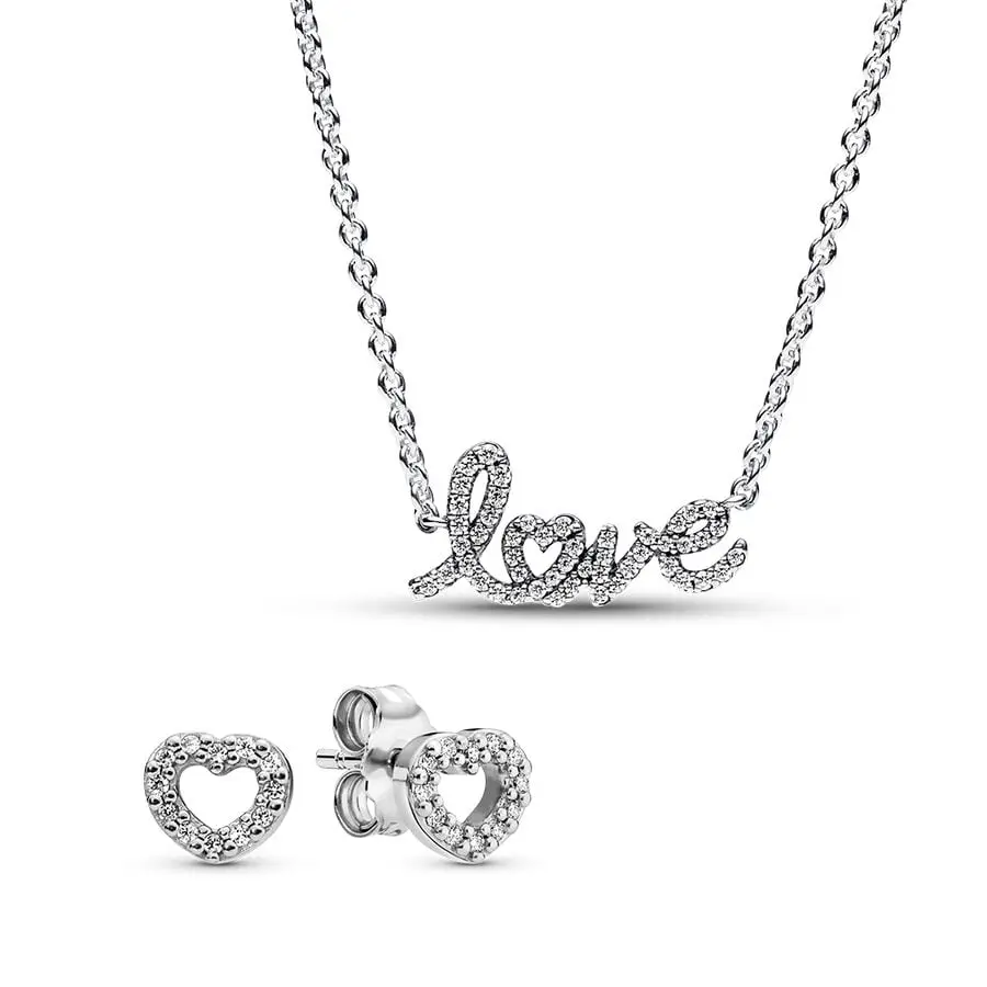 Pandora Handwritten Love Silver Jewelry Set - B802374-1, Love Letter Themed, Heart Accents, Ideal for Valentine’s Gift, Unisex, Hearts