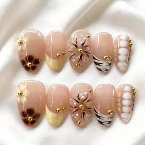 10Pcs Short Almond Handmade 3D Flower Press on Nails Spring Summer Nails | Buttercream French Tip with Gold Bead Accents Acrylic False Nails for Women Date Night Daily Wear Reusable Nail Kit Stylish Acrylic Nails