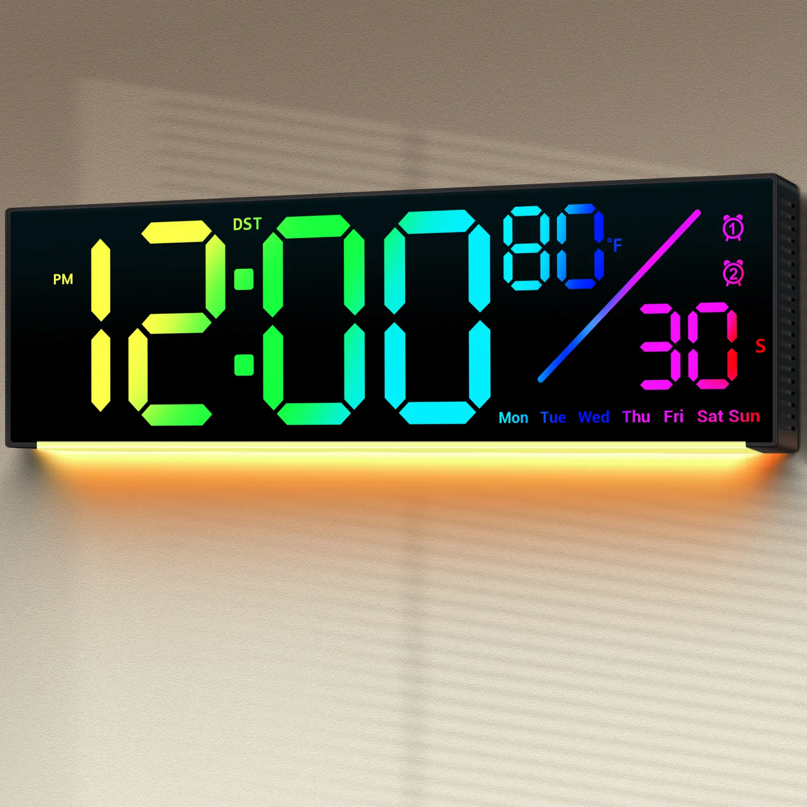 12" Plug-in Digital Wall Clock - USB Powered Clocks with RGB LED Lights, 10-Level Brightness, Remote Control, Memory Function, Charging Port, Creative Home Supplies for Bedroom, Home Office Desk, Creative Decorative Clock