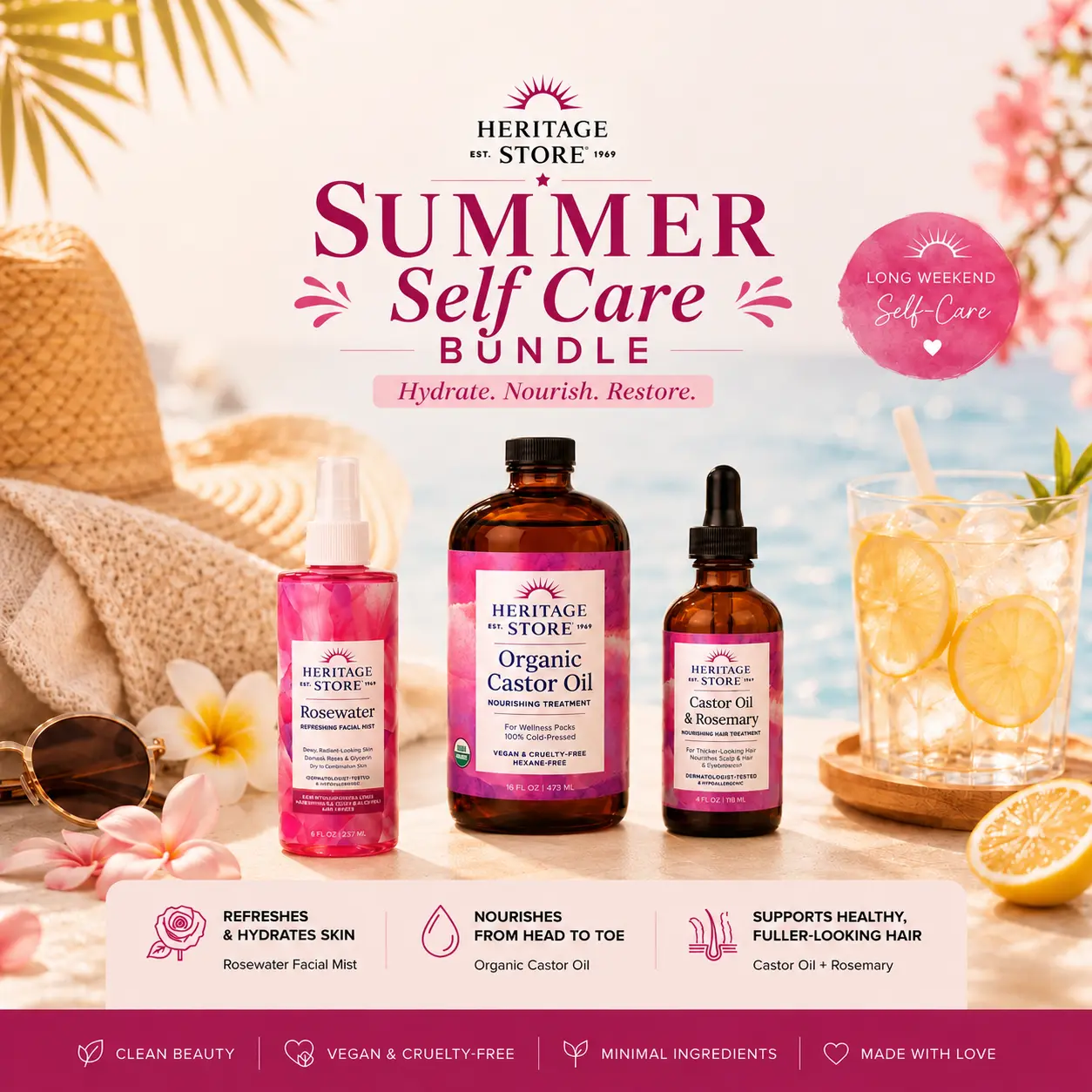 Heritage Summer Self-Care Bundle — Treat-Yourself Wellness Ritual Set — Rosewater Mist + Organic Castor Oil + Scalp Tonic