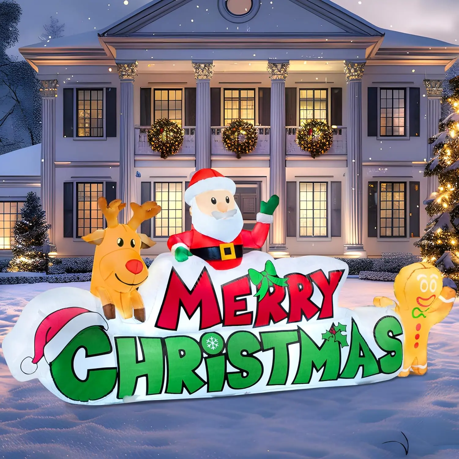 9.5 FT Christmas Inflatable Merry Christmas Sign with Santa, Reindeer & Gingerman, Christmas Inflatable Decoration with Build-in LEDs for Xmas Party Outdoor Yard Garden Lawn Winter Decor