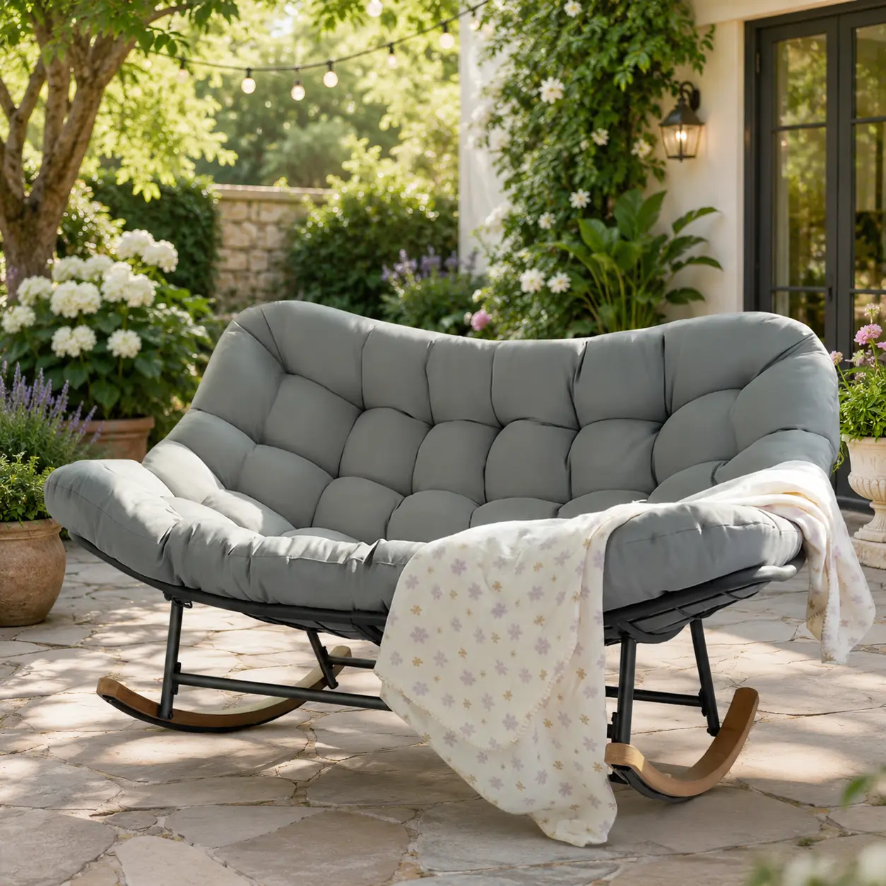 Outdoor Rocking Papasan Chair for 2, Oversized DoubleRocking Lounge Chair with Thick Cushion and Heavy-DutySteel Frame for Patio, Yard, Porch and Garden