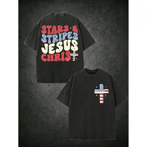 Men's Double-Sided Retro Streetwear Featuring Stars Stripes and Jesus Christ Design Loose Fit Drop Shoulder Casual Summer Short Sleeve Shirt Heavyweight Fabric Vintage Graphic Tee