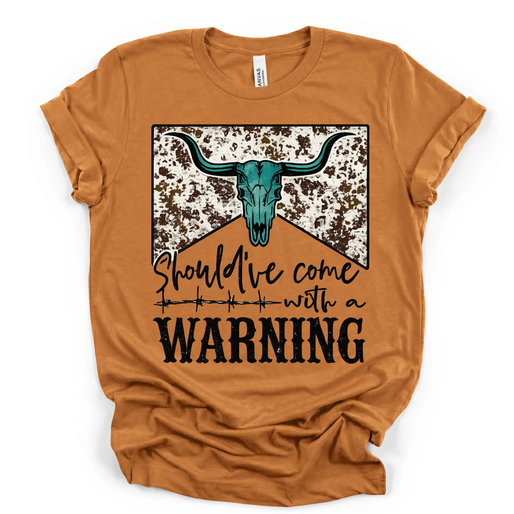 Envy Stylz Boutique Women's Short-Sleeve Cotton Round Neck Fit T-Shirt - Soft Cowhide Skull, "Should've Come With A Warning" Graphic Casual Top, Tee, Unisex, Fitted, Crew Neck, Graphic Tees Women, Lady Skull Graphic Women's T-Shirts