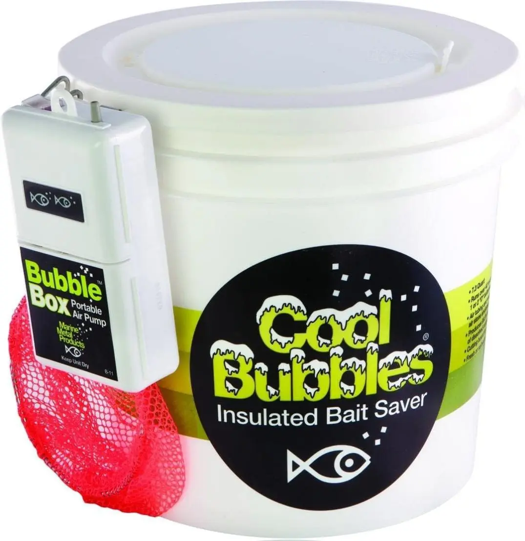 Marine Metal CB-211 Sturdy Styrofoam Insulated Aerated Live Bait Bucket Kit, 8 qt Rubber Container with Lid, Bubble Box Pump, and Dip Net
