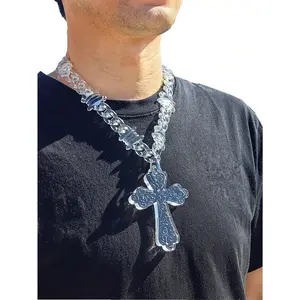 1pc Cross Pendant Necklace with Transparent Multicolor Acrylic Thorn Chain, Suitable for Men