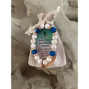 Sea Glass Collection - Ocean Blue - Beach Scented Aromatherapy Bracelet with Gold Accents