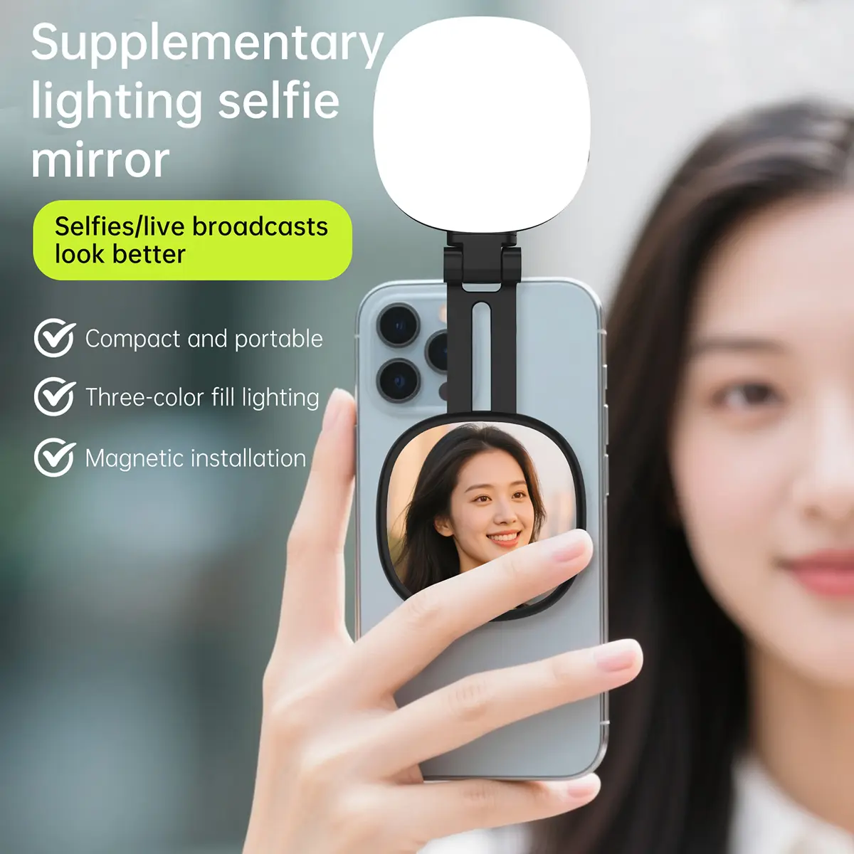 3-in-1 Magnetic Beauty Selfie Light – 360° LED Lights with Mirror and Phone Stand, Portable Rechargeable Fill Light for Makeup, Live Streaming, Video Calls, Compatible with iPhone 17/16/15, MagSafe CellPhone Accessories