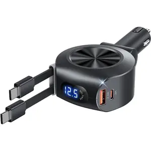 Retractable Car Charger, KOOPAO 69W 4 in 1 Fast Phone Car Charging Adapter, Multi USB C PD and  Retractable Cables Cord Compatible with iPhone 16/15/14/13/12/11/Pro Max (Double USB C Cord)