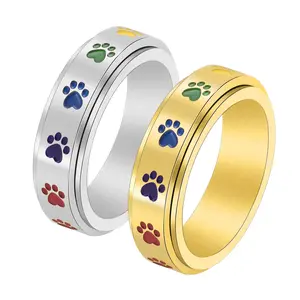 Rainbow-colored dog paw print stainless steel outer ring rotatable ring for women