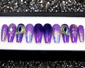 Eyes of Dragon 3D Nails | Purple Press On Nails | Coffin Nails | Long Press On Nail