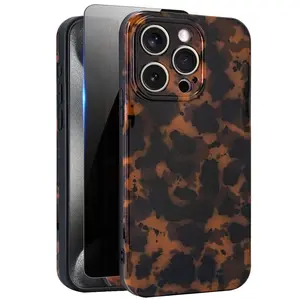 Cute Phone Case for iPhone 15 Pro Case, [with 1X Privacy Screen Protector] Tortoise Shell Pattern Leopard Full Camera Protective Slim Shockproof Cool Trendy Aesthetic
