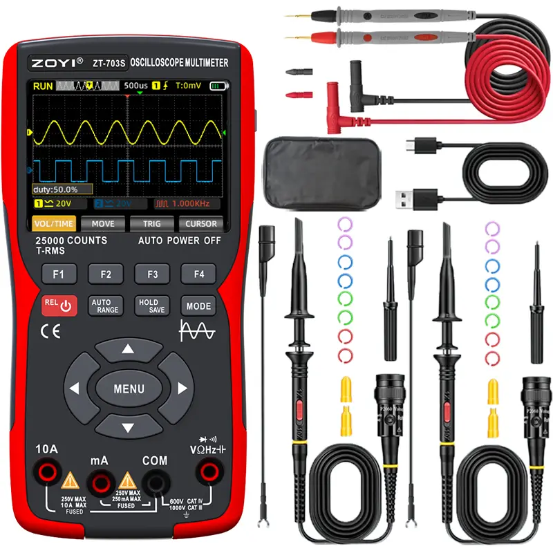 ZOYI ZT-703S Cordless 3-in-1 Triple Mode Handheld Oscilloscope Multimeter DDS Generator - Dual Channel, 50MHz Bandwidth, 280MSa/s, 25000 Counts, ABS Plastic, Handheld Grip, Signal Testing Industrial Electrical Measuring Tool