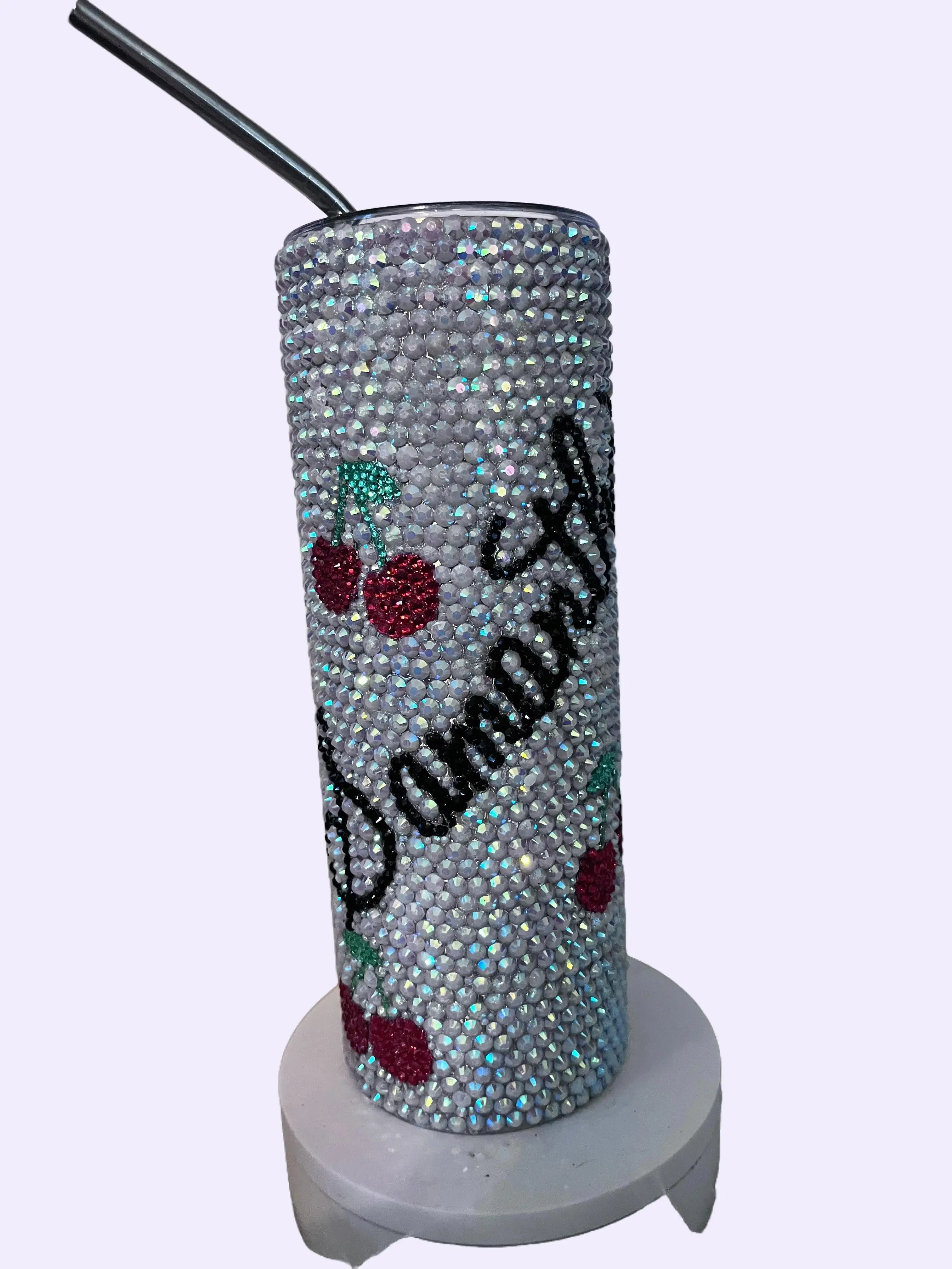 Personalized Cherry Rhinestone Tumbler with Custom Name Sparkling Design and Cherries Decor Bottle Drinkware
