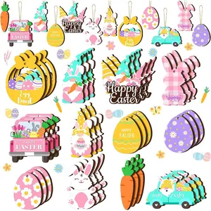 12/24/36 Piece Multi-Color Wooden Hanging Decorations, Easter Eggs Rabbits Hearts Spring Decor, Perfect for Holidays Home Garden Parties